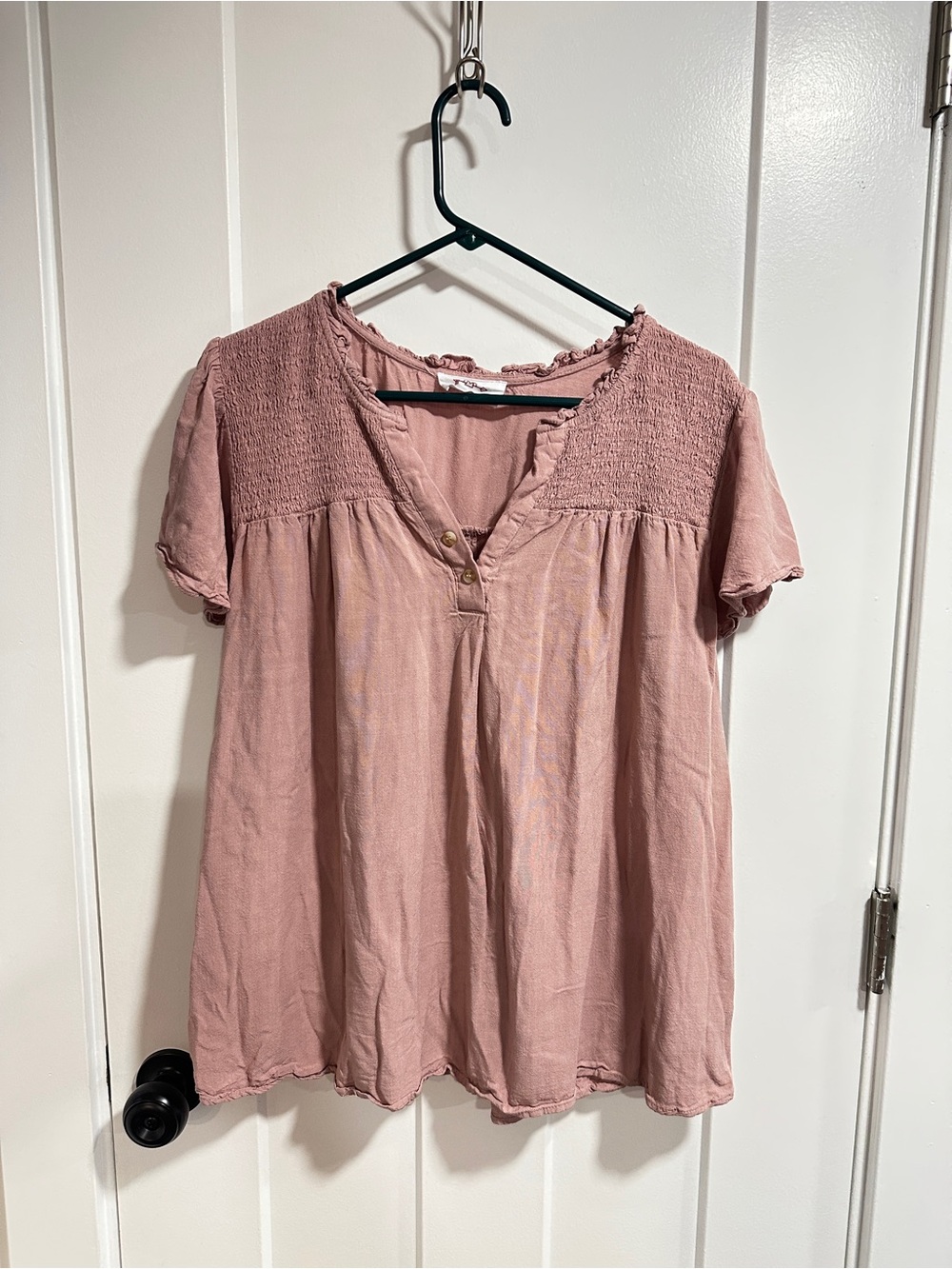R2 Dusty Rose Smocked Yoke Short Sleeve Top